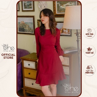 Váy hoa nhí thiết kế đuôi cá đi biển She, đầm dự tiệc đỏ dài tay nữ đi du lịch SDX70