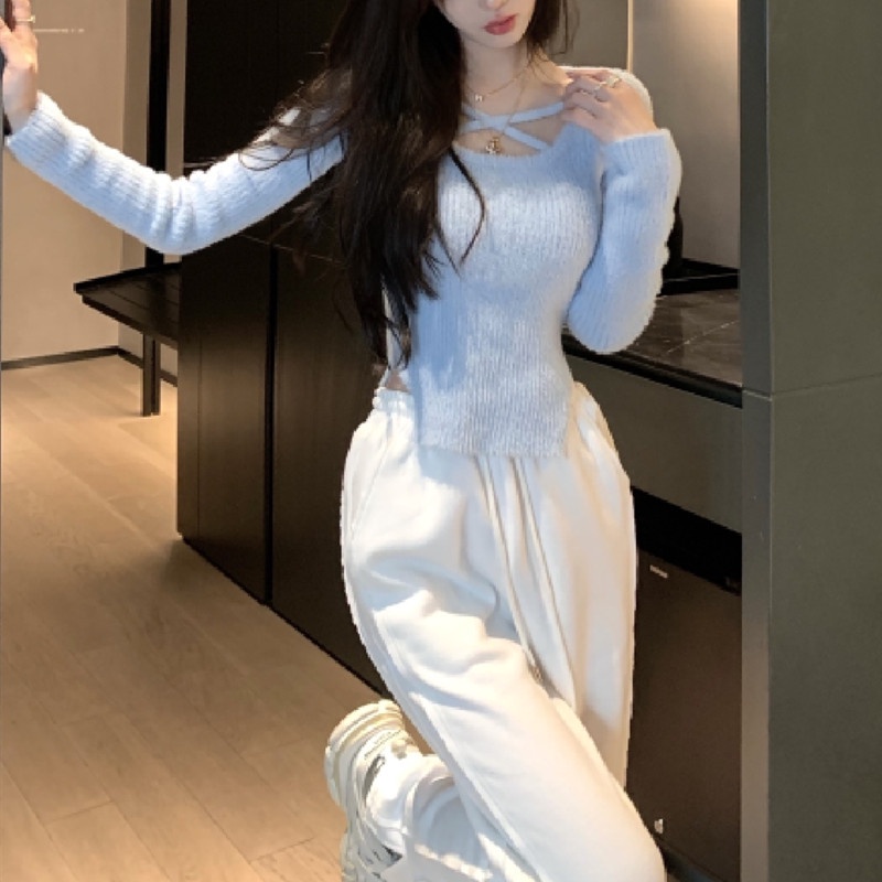 Áo kiểu SUXI len dệt kim tay dài cổ phối dây chéo màu trơn phong cách vintage xinh xắn cho nữ