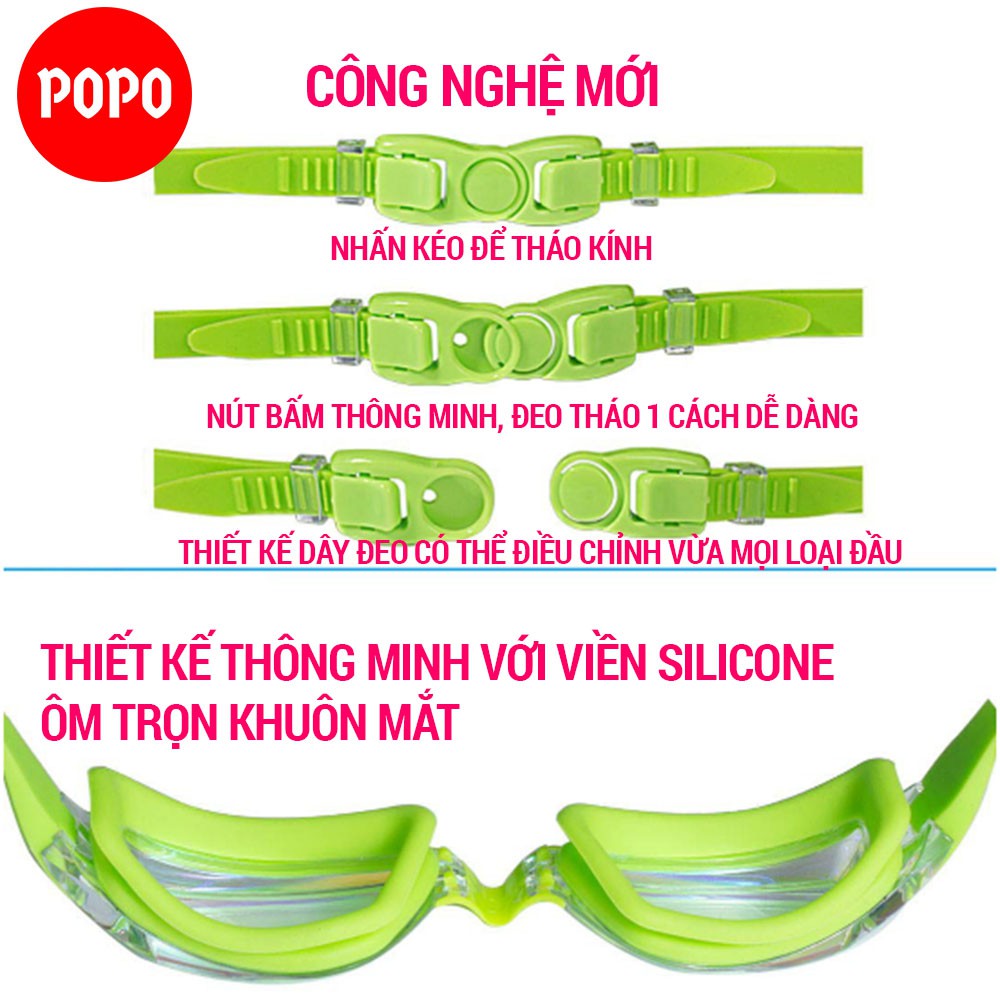 Kính bơi trẻ em, kính bơi cho bé POPO CF026 mắt kính trong chống tia UV, chống sương mờ, dây đeo silicon mềm mại cho bé