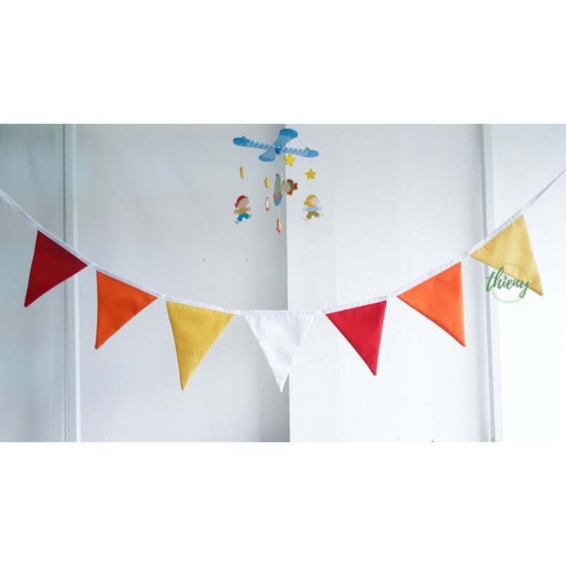 Dây cờ tam giác vải kaki cotton xịn may đẹp, dài  2,2m, Dây cờ trang trí Decor Sinh nhật - cờ màu đỏ cam vàng