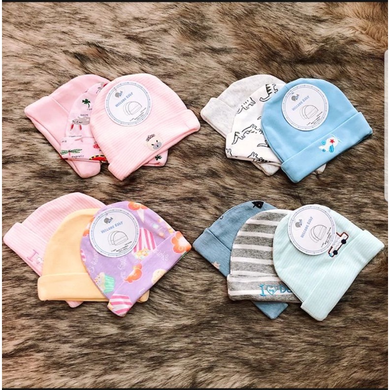 Set 3 Chiếc Mũ Nỉ Cotton 2 Lớp Nhiều Mẫu Cho Bé 0-6 Tháng