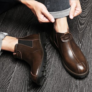 ▥❅PLOVER Chelsea boots da ngắn của nam Giày cao cổ retro kiểu Anh Martin đế trung bình thường Hàn Quốc <