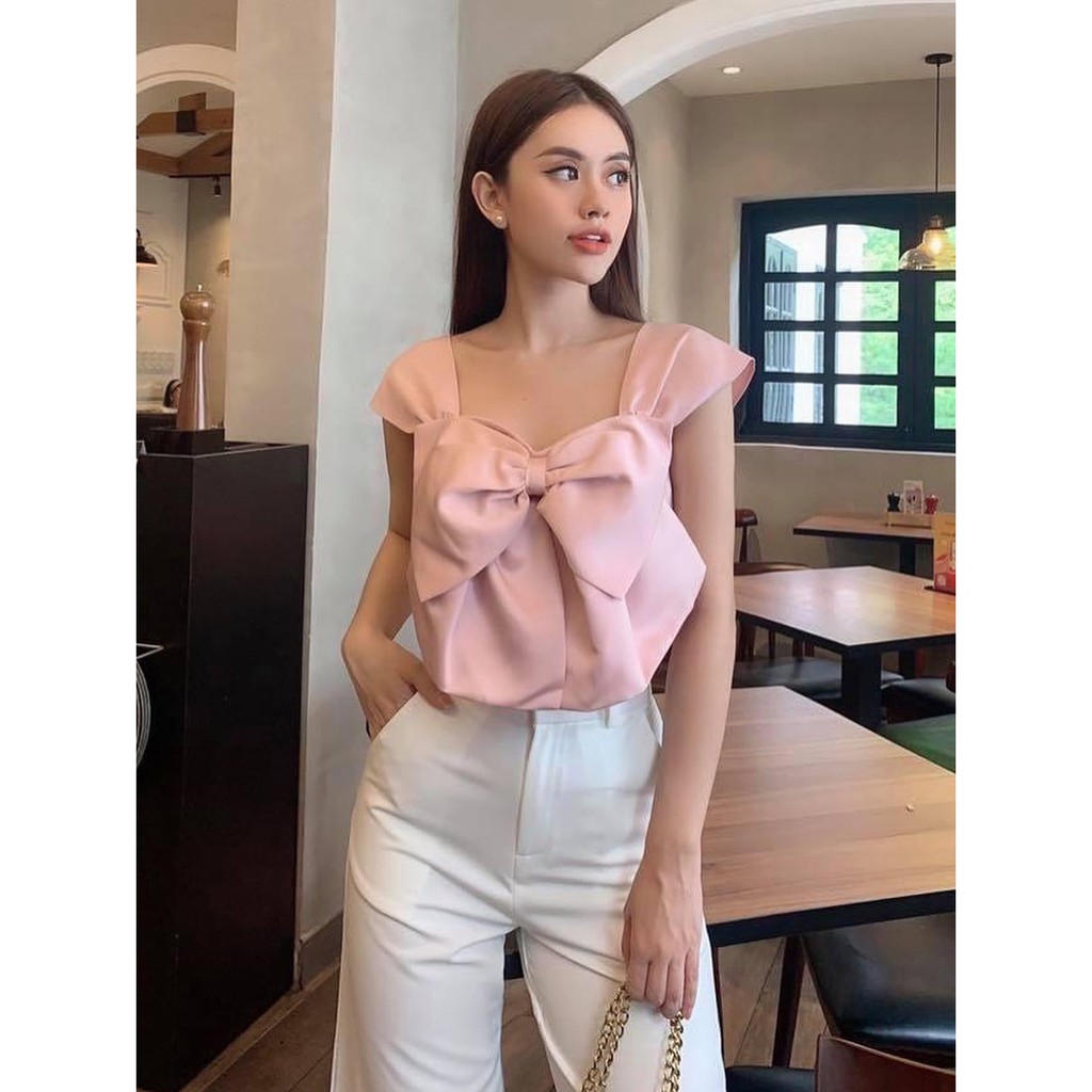 Áo croptop cổ vuông cột nơ ngực