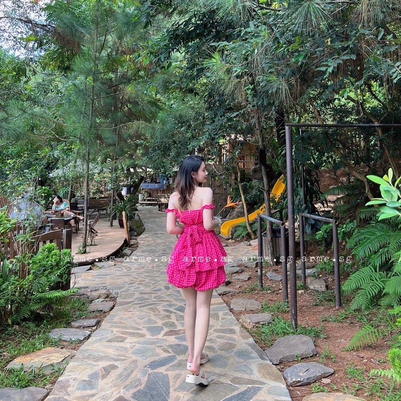 Jump xốp hai dây nhíu ngực nơ lưng dây cột, Set bộ hot trend tôn dáng