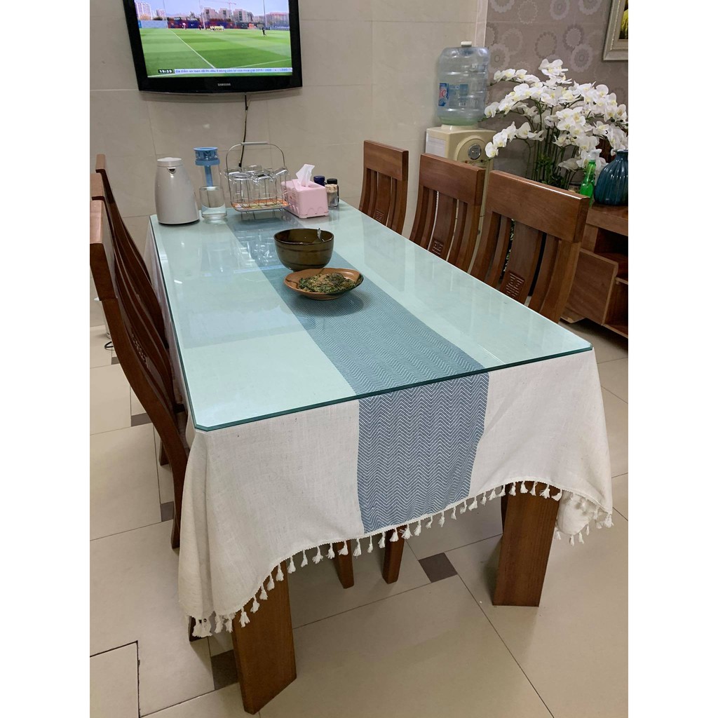 Khăn trải bàn đẹp Landecor nền trắng sọc xanh nhã nhặn - TB455