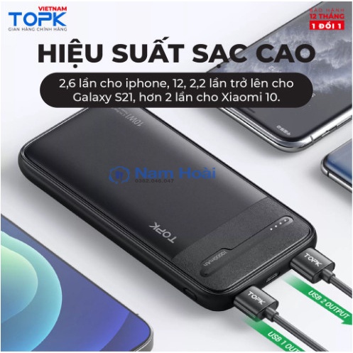 Sạc dự phòng 10000mAh TOPK I1016 Đầu ra 2 cổng USB - Hàng phân phối chính hãng TOPK