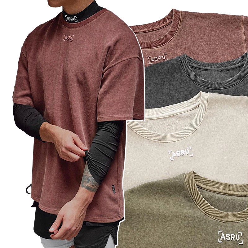 Áo thun vải cotton dáng rộng màu trơn thêu họa tiết cổ điển bề mặt chải mịn kiểu dáng thể thao đơn giản cho nam