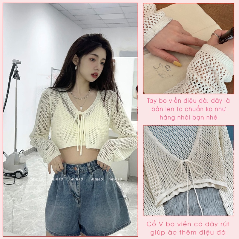 Áo Cardigan Nữ MIN19 Áo Khoác Len Mỏng Croptop Dệt Kim Tay Dài Kiểu Cổ V Hàn Quốc Form Rộng Bigsize Màu Trắng Đen Be