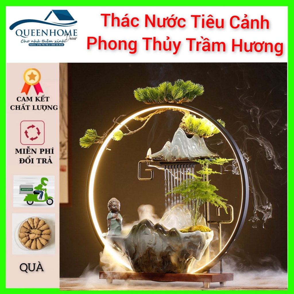 Thác Khói - Thác Nước Trầm Hương Tiểu Cảnh Phong Thủy cao cấp có đèn Led, đài phun nước mái hiên tự động đầy nghệ thuật