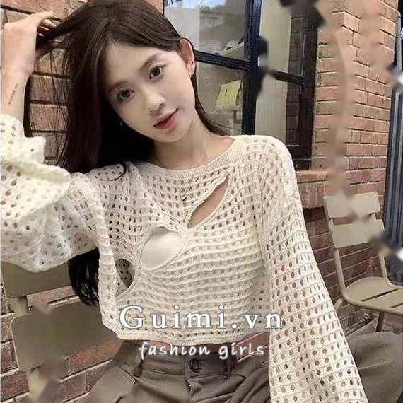 NZN Áo croptop dệt kim tay dài chống nắng thời trang phong cách Hàn Quốc cho nữ