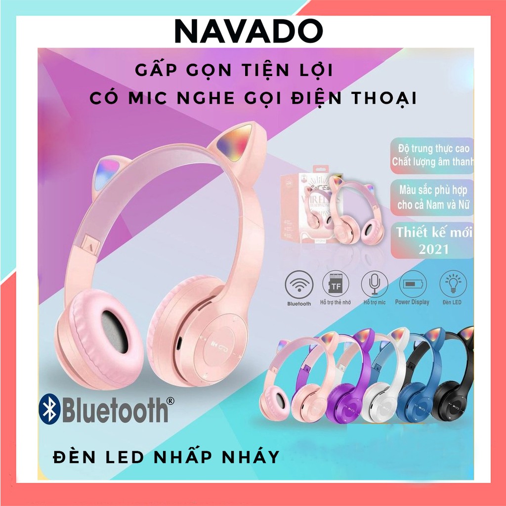 Tai Nghe Bluetooth P47-M Chụp tai có Mic Headphone không dây Dễ Thương tai mèo nghe nhạc, chơi game ST71 NAVADO