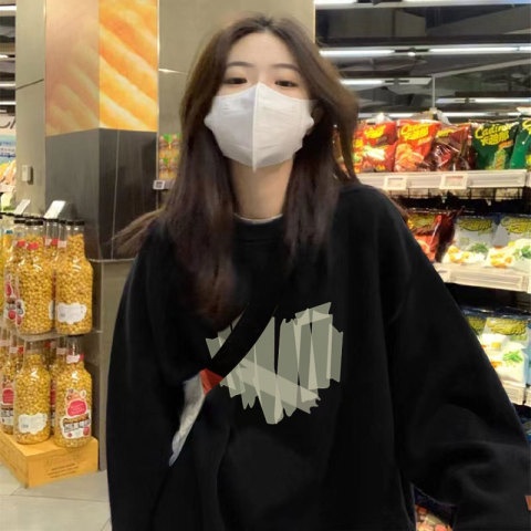 ZHELIHANGFEI Áo Thun Sweater Tay Dài Dáng Rộng In Chữ Preppy Dễ Thương