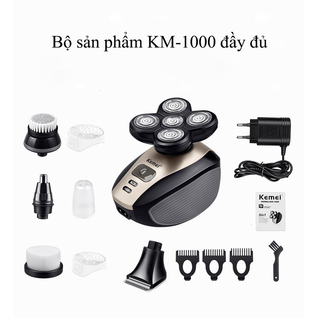 Máy cạo râu đa năng 5 in 1 kemei KM - 1000 có thể cạo râu cắt tóc - cắt tóc tỉa lông mũi - cọ rửa mặt - mút massage mặt