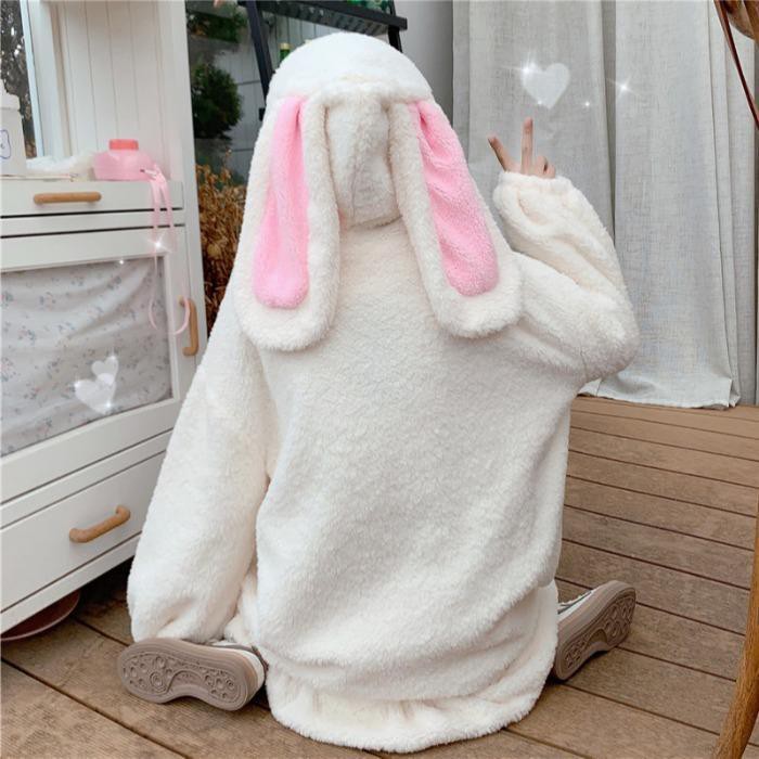 ¤♟Áo Hoodie Tai Thỏ Đính Quả Bông Mềm Mại Thời Trang Thu Đông Cho Nữ