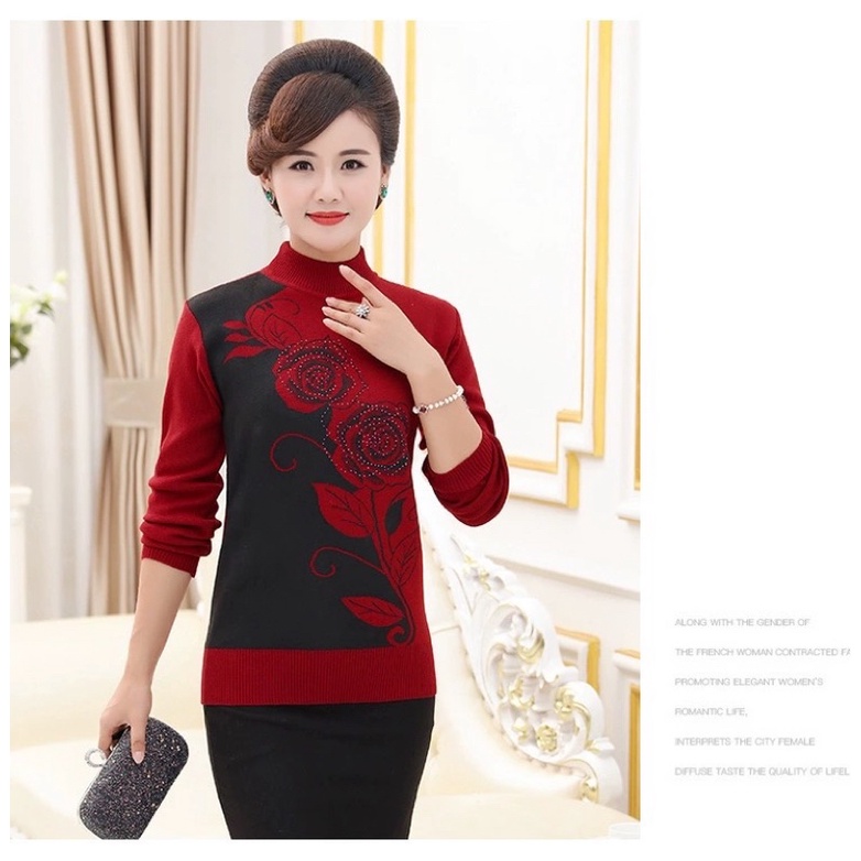 Áo len trung niên nữ phối hoa sang trọng thanh lịch_áo ấm mùa đông cho bà cho mẹ | BigBuy360 - bigbuy360.vn