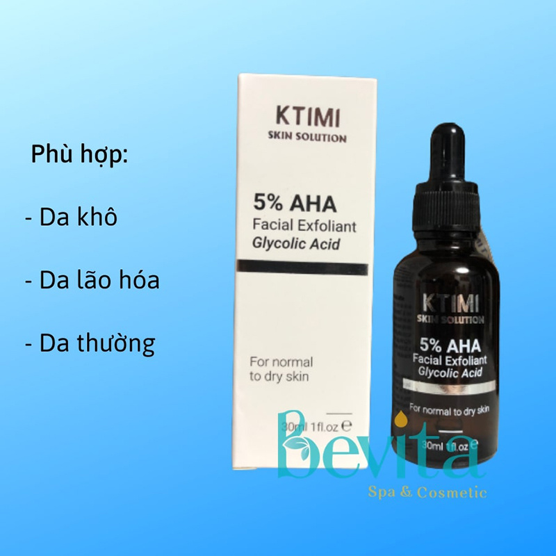 Tẩy da chết hóa học Ktimi 5% AHA Facial Exfoliant Glycolic Acid 30ml, tẩy da chết da khô - Bevita