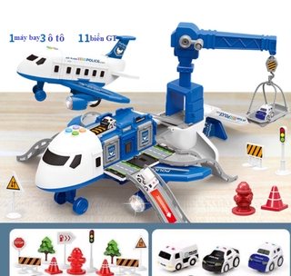 Đồ chơi mô hình máy bay biến hình chở đồ kèm ô tô cảnh sát, cứu hỏa chạy pin phát nhạc cho bé
