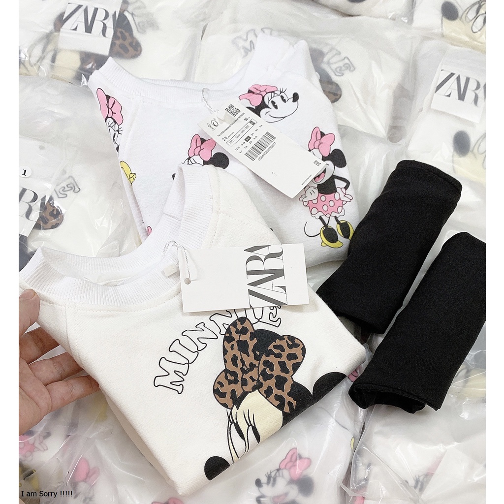 Sét bộ bé gái thu đông Zara, Bộ áo mickey trắng dài tay kèm quần đen cho bé chất cotton 4 chiều size 1y-5y
