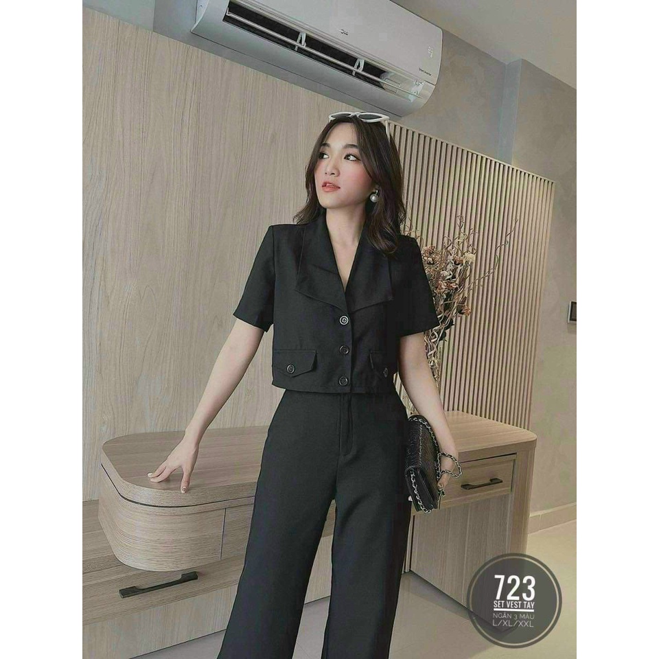 Set Đồ Nữ Sang Chảnh Đi Chơi, Đi Tiệc, Bộ Áo Vest Tay Ngắn Cách Điệu Phối Quần Ống Rộng Thời Trang Nữ Xm Minh Phúc