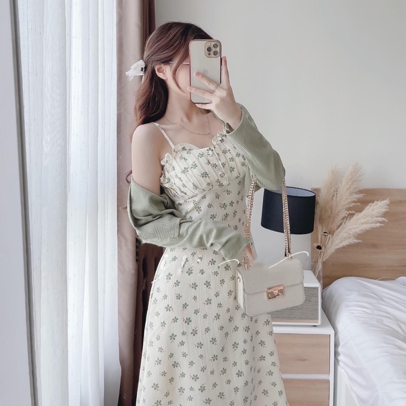 SET ĐẦM HOA 2 DÂY XẾP NGỰC BÈO + ÁO KHOÁC GÂN