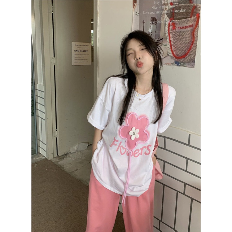 Áo Thun Ngắn Tay In Họa Tiết Hoa Ba Chiều Phong Cách Hàn Quốc Mới Cho Nữ