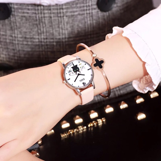 (New arrival- đồng hồ Tam Miu) Đồng hồ nữ DZG a3 dây da mặt 3 con mèo dễ thương | BigBuy360 - bigbuy360.vn