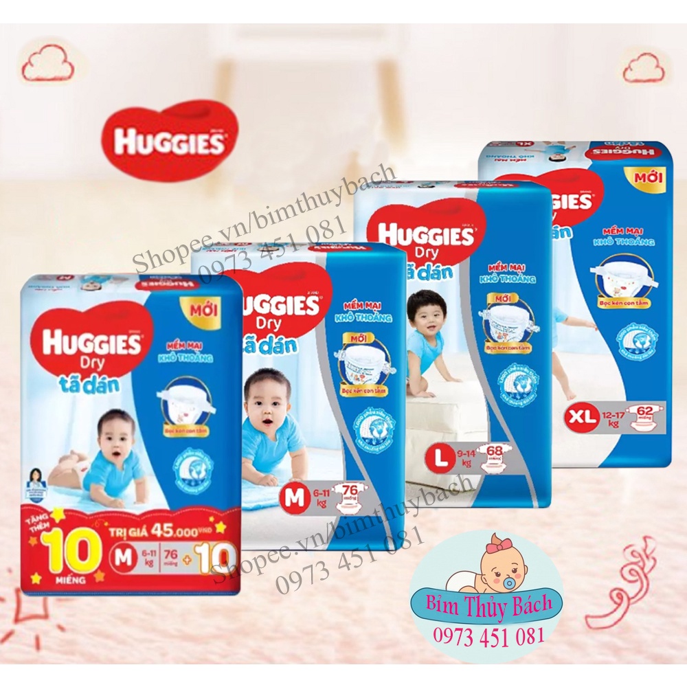 Bỉm Huggies Dán Size M76/L68/XL62/Xxl56