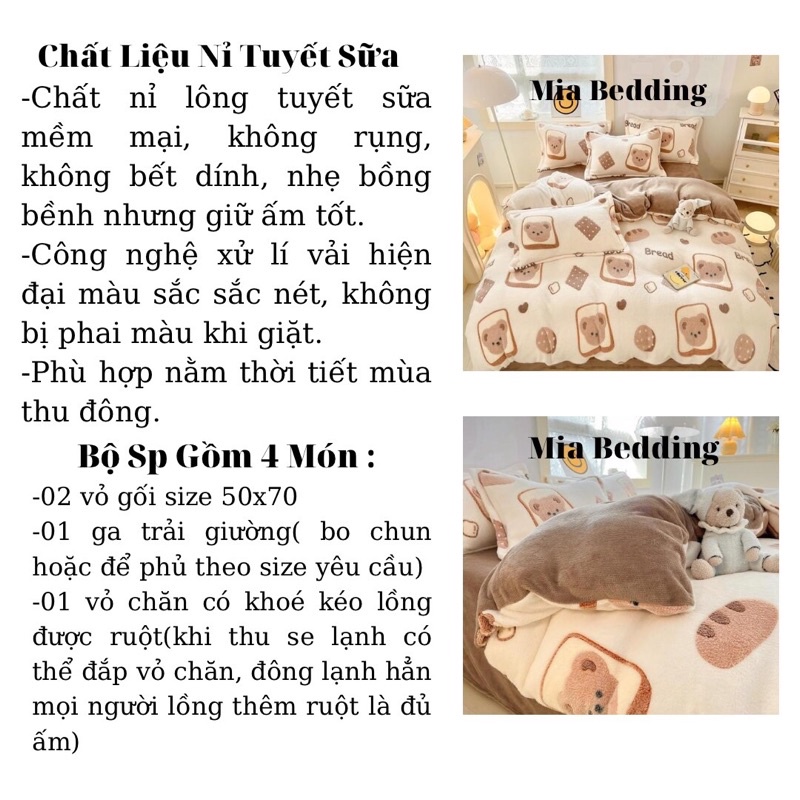 Bộ Vỏ Chăn Ga Gối Nỉ Tuyết Sữa Mềm Mại Dùng Thu Đông Mia Bedding Đủ Kích Thước Giường Nệm