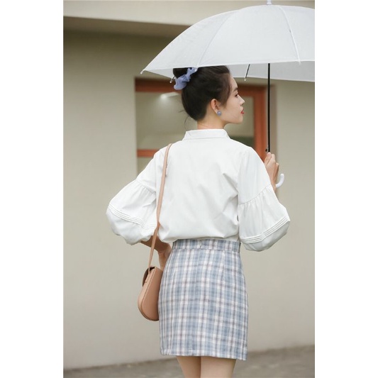 ảnh thật - Áo sơ mi chất cotton thô tay bồng tiểu thư