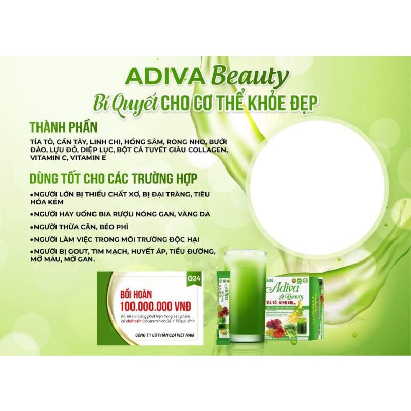 Bột Cần Tây, Tía Tô, Linh Chi, Rong Nho ADIVA BEAUTY Hộp 30 Gói - Giảm Cân, Giữ Dáng, Thanh lọc cơ thể.