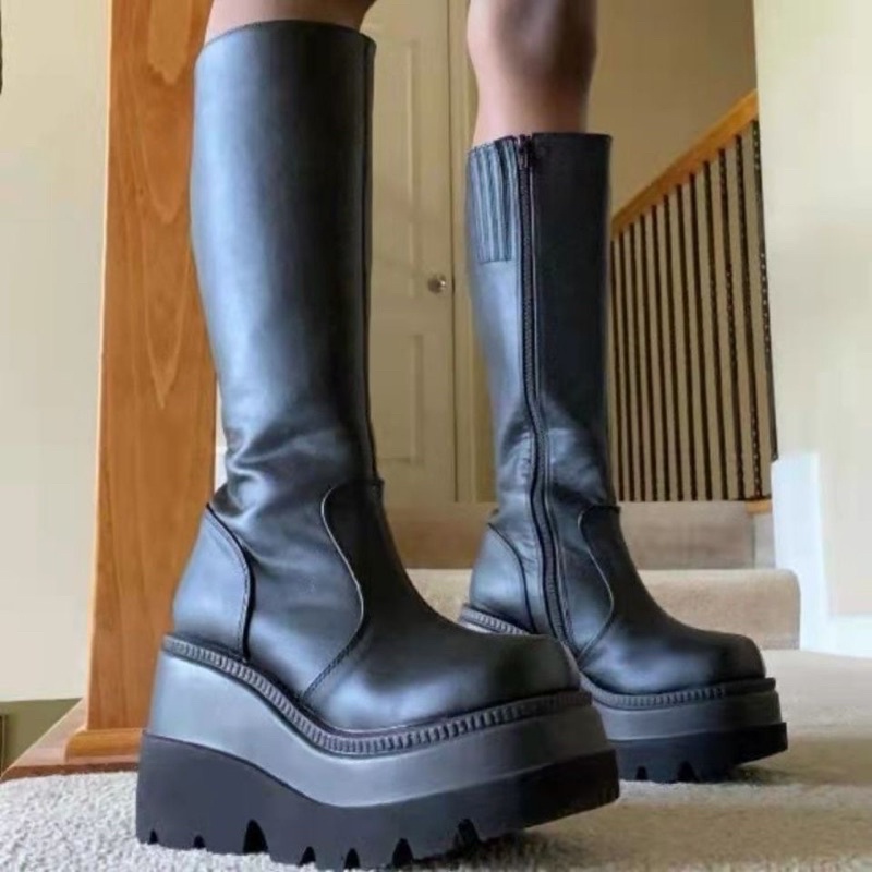 Giày boot đùi nữ đế bánh mì siêu độn cá tính Bốt da nữ đế siêu độn