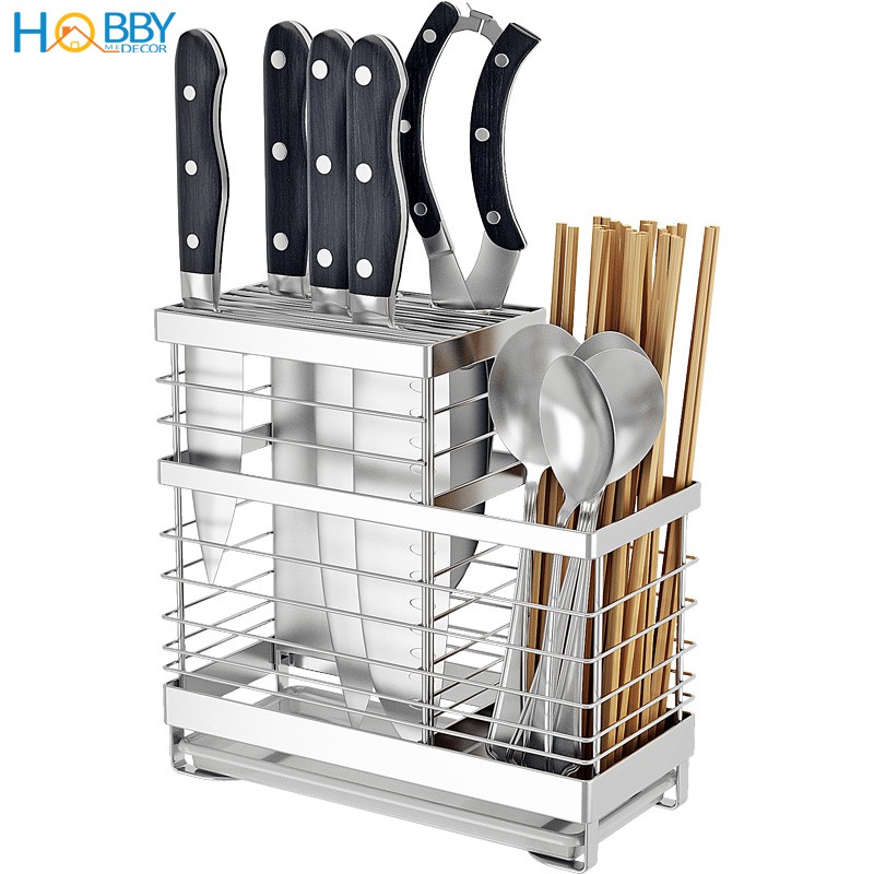 Kệ đựng đũa muỗng dao kéo 2 ngăn Hobby Home Decor KDM Inox 304 kèm khay hứng nước - mẫu cao cấp | BigBuy360 - bigbuy360.vn