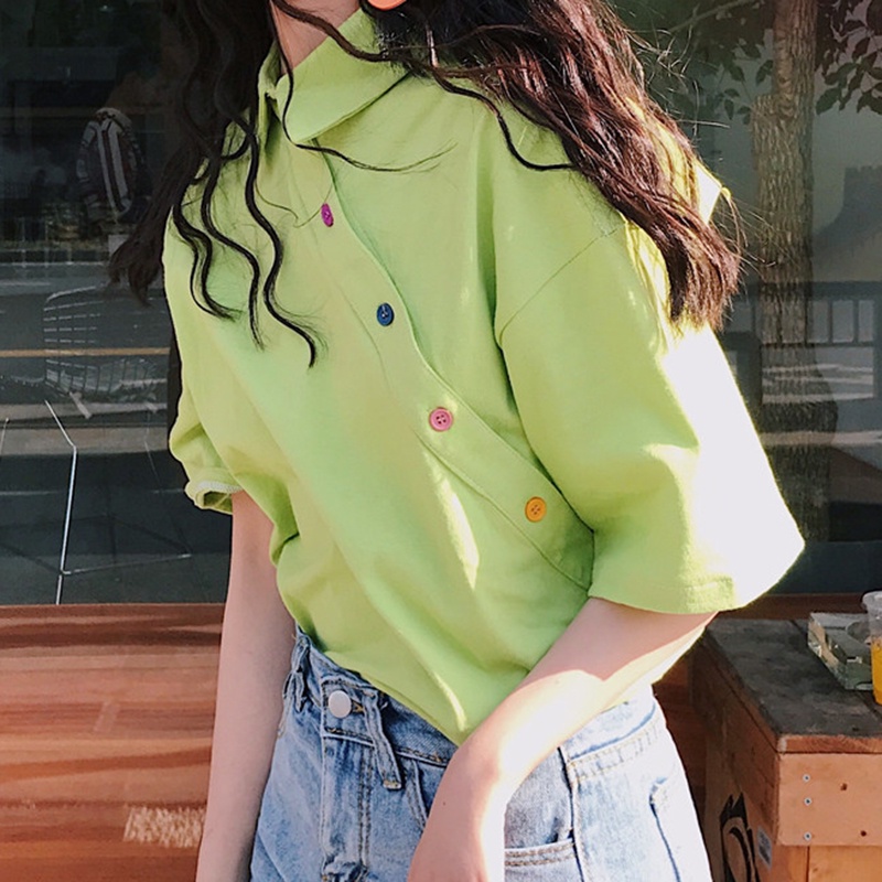 Áo thun tay ngắn dáng rộng màu sắc đơn giản quyến rũ cho nữ