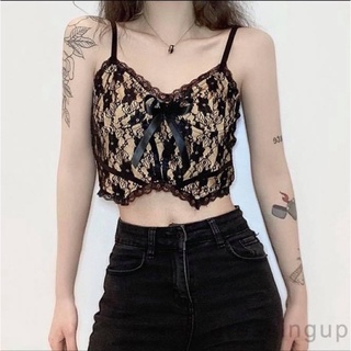 Áo hai dây croptop ren hoa hai lớp cúp ngực dây kéo lưng - Order taobao quảng châu