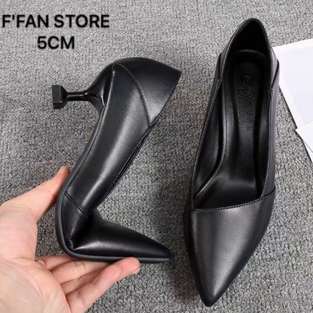 Giày cao gót nữ [da thật] công sở bít mũi 5 7 phân big size, da mềm như bún vạt xiên FFAN STORE