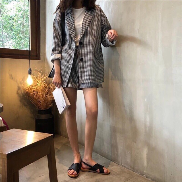 Set blazer kẻ caro nhí