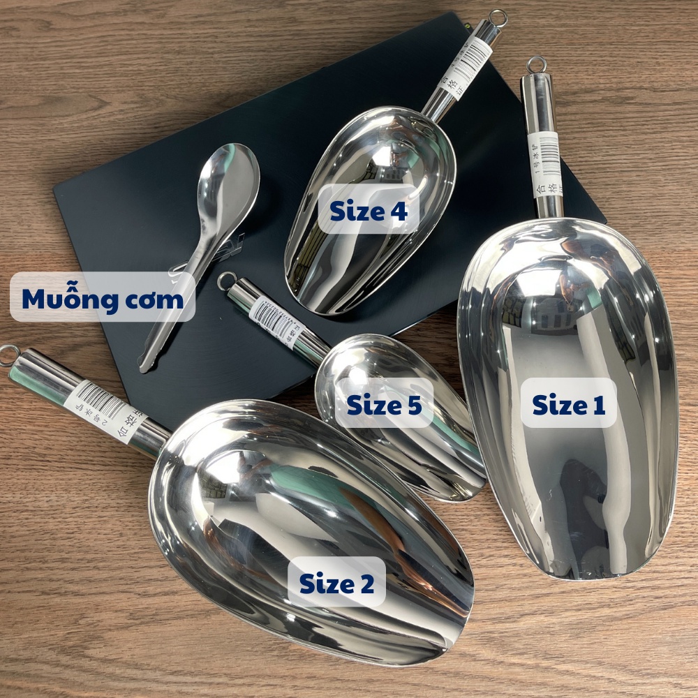 Xẻng xúc đá inox nhiều size chất liệu inox cao cấp có móc treo tiện lợi dùng làm vá xúc đá, xúc gạo, xúc đậu