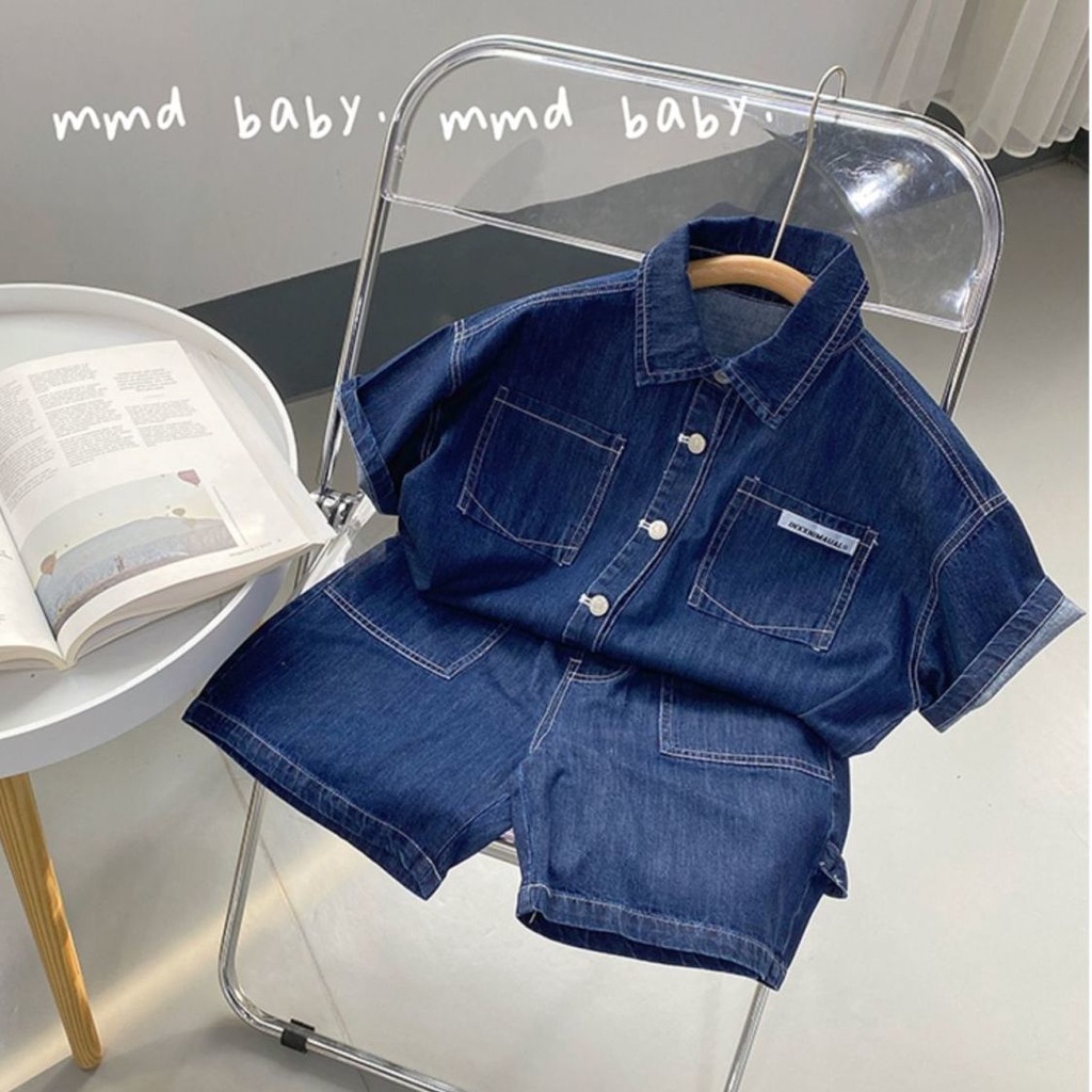 Bộ Áo Sơ Mi Ngắn Tay + Quần Đùi Denim Phong Cách Hàn Quốc Thời Trang Mùa Hè Mới Cho Bé Trai