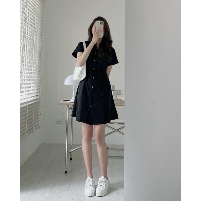 Váy cổ đức cúc dừa chun sau,đầm dáng hơi A có chun sau eo định hình-Minxy shop