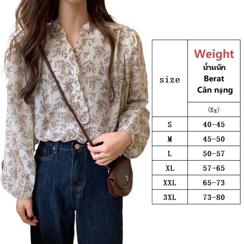 Áo sơ mi kiểu XINLANYASHE chiffon tay dài phồng họa tiết hoa dễ phối đồ phong cách Hàn Quốc Hawaii đáng yêu cho nữ