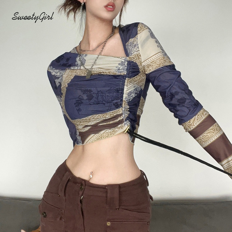 Áo Croptop Tay Dài Dáng Ôm In Họa Tiết Nhiều Màu Độc Đáo Thời Trang 2022 Quyến Rũ Cho Nữ