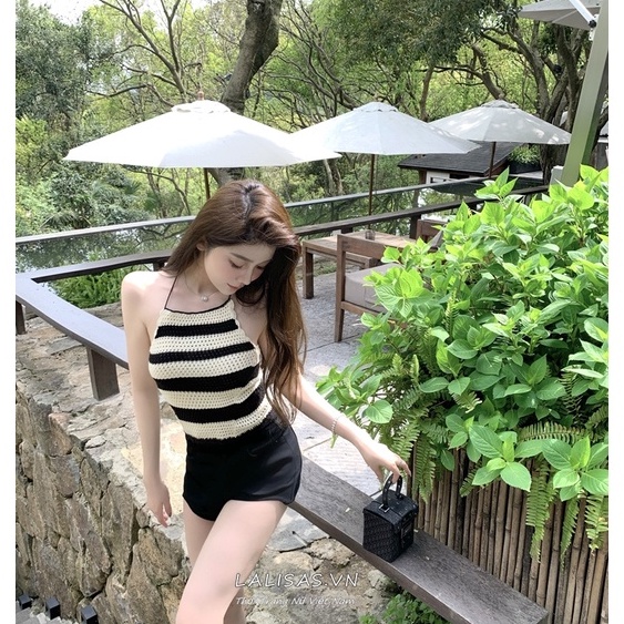 Áo hai dây dệt kim kẻ sọc phong cách retro thời trang Hàn Quốc cho nữ