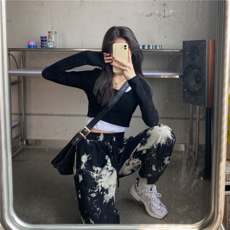 Quần jogger nữ Bape loang cạp cao ống rộng bo gấu oversize TopOneStore