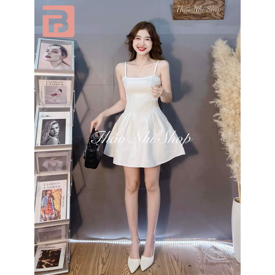Set đầm chiết eo trắng mix áo khoác croptop cài nút QA100
