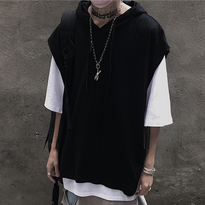 Áo hoodie giả hai lớp/ Áo thun trơn tay ngắn màu tối thời trang mùa hè phong cách thời trang cho cặp đôi