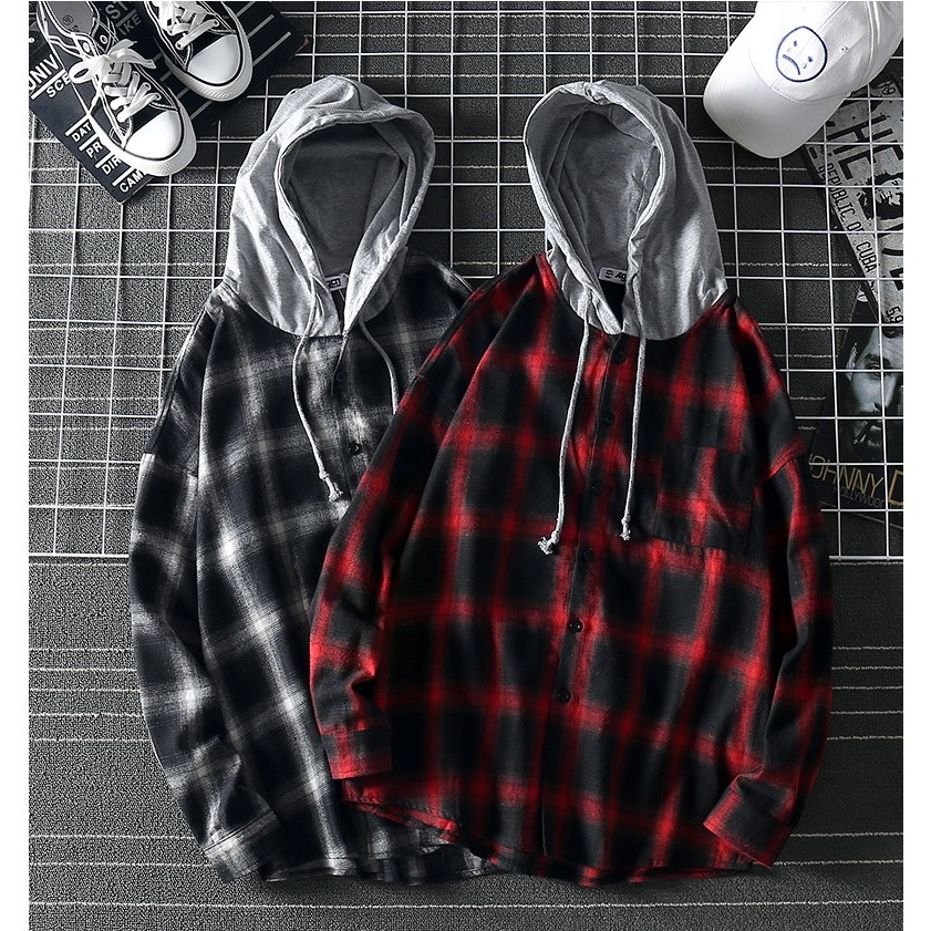 SMN01 Áo Sơ Mi Flannel Ulzzang Phối Mũ Kẻ Caro Unisex Cho Cả Nam Và Nữ Vải Kate
