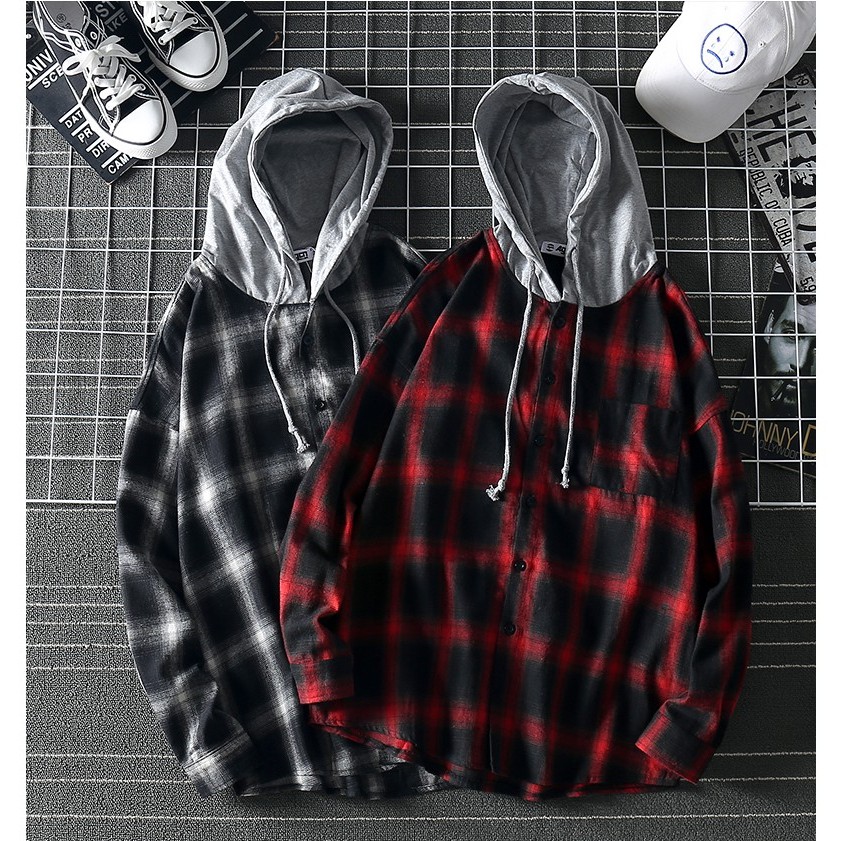 [FREESHIP TỪ 50K] Áo Sơ Mi Cho Cả Nam Và Nữ Kẻ Caro Flannel Phối Mũ Unisex Vải Kate Hàn Đẹp Và Thoáng Mát