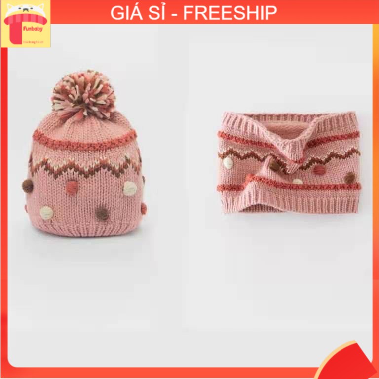 Mũ len cho bé kèm khăn ống 1-5 tuổi, Set mũ len bé gái hàng xuất dư bên trong lót lông và cotton