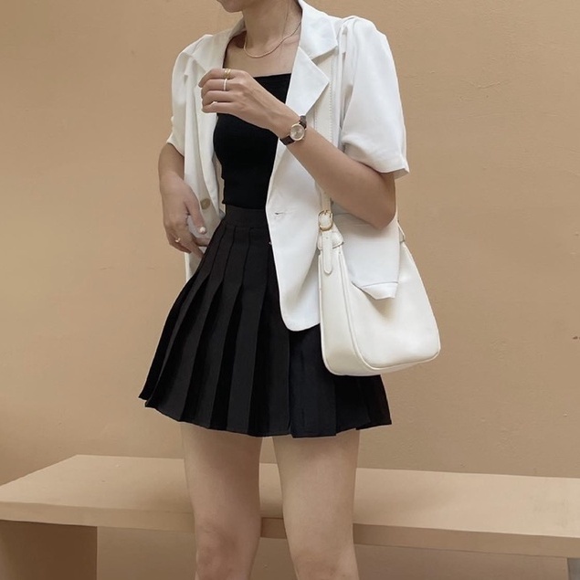Áo blazer ngắn tay dáng croptop, áo khoác vest cộc tay dáng ngắn tay bồng túi hộp phong cách Hàn Quốc freesize
