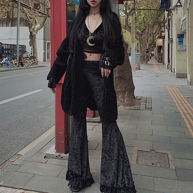 Quần Nhung Đen Ống Loe Phối Ren Rỗng Lưng Cao Gợi Cảm Phong Cách Harajuku Cho Nữ